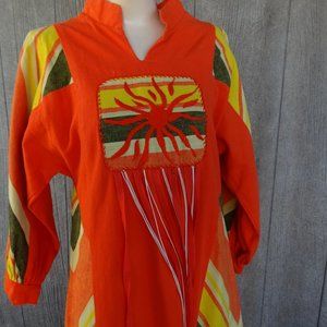 Vintage Orange Embroidered Sunrise Sun Cotton Maxi Hippie Dress sz 10